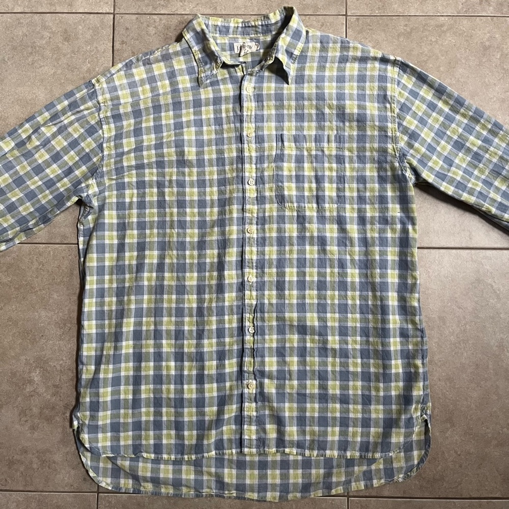 J Crew Pastel soft Colors Grey Blue Green Plaid XLT Button Down Shirt